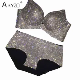 Akyzo Luxury Rhinestone Bra Set Kvinnor Sexig Glänsande Högkvalitativ Diamond Elastic Polded Bra For Lady X0526