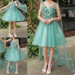 녹색 라인 꽃 여자 드레스 V 넥 짧은 소매 3D 꽃 아플리케 어린이 생일 파티 의상 미니 드레스