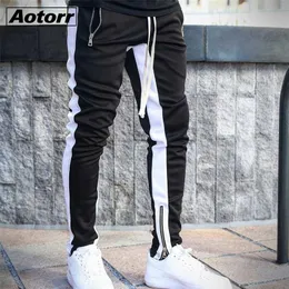 Mężczyźni Side Stripe Fashion Pocket Spodnie Casual Streetwear Jogger Pant Hip Hop Zipper Bottom Male Ołówek Spodnie Outdoor Sport Trouser 211201