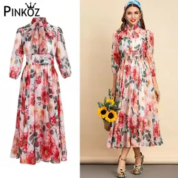 runway designer high quality chiffon soft red rose flower printed long sleeve bow collar robe party women maxi dress traf 210421