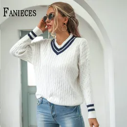 Kvinna Höst Vinter British Style Sweater Casual V-Neck Långärmad Pullover Tröjor Mujer Suteres Pull Femme Kobieta SweTry 210520