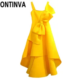 Cinta de verão amarelo elegante em forma elegante e flare vestido assimétrico sexy es festa noite clube plus size tunics womans 210527