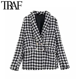 Trafik Kvinnor Toppar Vintage Houndstooth Double Breasted Blazer Coat Fashion Långärmad Frayed Trims Ytterkläder Chic Plaid Jacka 211122