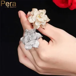 Pera Luxury Big Statement Leaf Cluster Shape for Women Wedding Cubic Zirconia Dubai Gold Bridal Finger Rings Jewelry Gift R091 220209