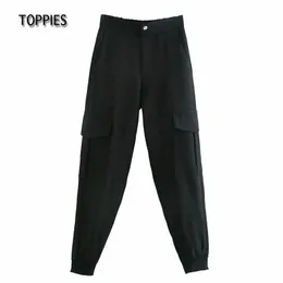 Toppies Moda Negro Harem Pantalones Mujer Pantalones de cintura alta Bolsillos laterales elásticos High Steet 210412