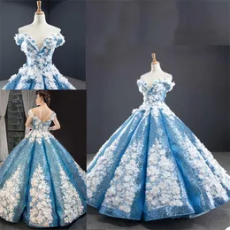Glitter Princess Evening Dresses Off Ramię 3D Kwiatowe Appliqued Koraliki Cekiny Prom Pageant Gown Robe de Mariée Sweep Pociąg Dostosuj Formalne Party Suknie