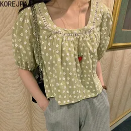 Korjpaa Kvinnorskjorta Sommar Koreanska Chic Fresh Square Collar Hollow Stitching Broderier Blommor Korta Puff Sleeve Blusar 210526