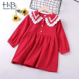 Humor urso meninas vestido outono inverno gola de renda manga longa sólida imprimida es doce crianças princesa para 2-6Y 220112