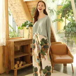 Primavera verão floral impresso pijama sleepwear fêmea casual v neck manga longa elástica cintura nightwear pajamas retro 210330
