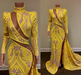 Z długim rękawem Sexy Prom Dresses 2022 Wysokiej szyi Side High Slits Yellow Cekiny Aplikacja Afryki Czarne Dziewczyny Mermaid Wieczorowe Party Suknie