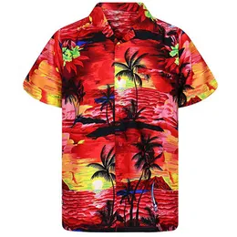 Coconut Tree Red Shirts Men Beach Hawaiian Casual Mens Shirt Oversized Camisas Holiday Daily Short Sleeve Print Chemise Homme 210524