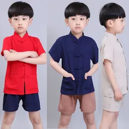 Baby Boy Kungfu Clothes Sets Chinese Style Children Tee Shirt Short Pant Tang Suit Linen Breathable Boys Jersey Sport Suit 210413