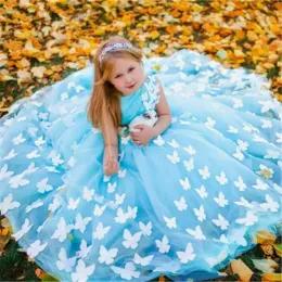 2022 Cute Light Blue Flower Girls Dresses For Weddings Jewel Neck White Butterfly 3D Flowers Tulle Princess Birthday Children Girl Pageant Gowns