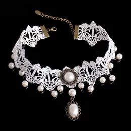 2021 beliebte Braut Weiße Spitze Hängende Perlen Reine Handgemachte Original Retro Schlüsselbein Halskette Schmuck Großhandel