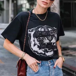 Rowling Chic Black Tiger Head Tees Kobiety bawełny krótki rękaw o szyja nowa moda boho T-shirt swobodny 210401