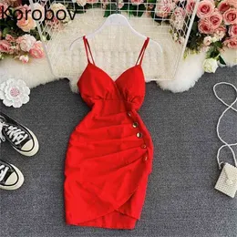 Korobov Women Dress Sexy Spaghetti Strap Female Dresses Summer Beach Style Boho Vestidos Button OL Dress 210430