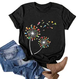 2021 Nowe Śmieszne Kobiety Tshirt Dandelion Print Krótki Rękaw Koszulka Loose Tee Koszulka Femme Summer T-shirt na plażę Holiday Top Mujer X0628