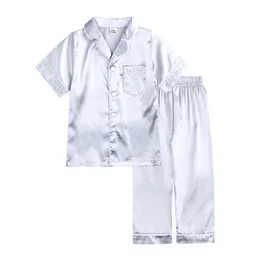 Barn sommar pyjamas barn pyjamas homewear silke satinlike kort ärm toppar långa byxor sovkläder nattkläder tjej pojke pyjama set