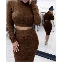 2 Parça Set Sonbahar Kadın Moda Katı Renk Uzun Kollu O Boyun Kazak Kırpma Üst Orta Buzağı Elastik Bel Etek Iki-piece 210422