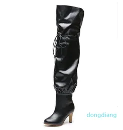 Designer- Lady Leather Plissado Alto Salto De Borracha De Borracha De Botão De Alta Boot Mulheres Letra Lona Lona Over-the-knee Botas pontiagudas do pé Zipper Slip-On