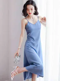 Korean Slik Women Dress Satin Women Dresses Sleeveless Sling Off Shoulder Mid-Calf Slim Dress Nightdress Party Dresses Vestidos Y1204