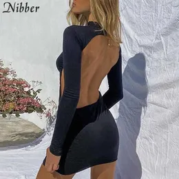 Nibber Sexy Backless Long Sleeve Skinny Clubwear Black Mini Dress Women 2020 Jesień Moda Casual Pure Bodycon Sukienki Mujer Y0726