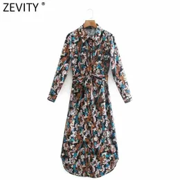 Zevity Kobiety Vintage Abstract Graffiti Drukuj Koszulka Koszulka Sukienka Femme Z Długim Rękawem Bow Sashes Vestido Casual Chic Odzież DS4902 210603