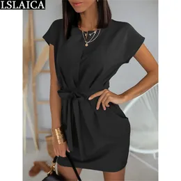 Dress For Women Short Sleeve Solid Color High Waist Party Draped Criss-Cross Bandage Bow es Sukienki Letnie 210515