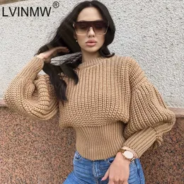 LVINMW O Neck Lantern Sleeve Solid Slim Sweater Knit Elegant Temperament Hösttröjor för Women Fashion Pullovers Streetwear X0721