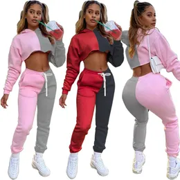 Women's Two Piece Pants Autumn 2021 Two-piece Suit Hoodies Fashion Color Matching Casual Loose Hooded Super Short Tops Velvet Warm Sports