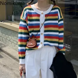 Nomikuma arc-en-ciel rayé Cardigan femmes simple boutonnage à manches longues décontracté mode chandails Style coréen tricoté hauts 3c098 210514