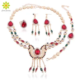 Set di bigiotteria africana Set di gioielli in cristallo color oro Set di anelli di braccialetti di collana di moda per le donne Matrimonio H1022