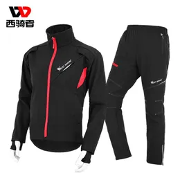 Racingjackor West Cykling Cykelkläder Set Autumn/Winter Thermal Fleece Jacket Pant Rainproakt Reflective Jersey Sportswear