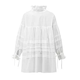 PERHAPS U Black White Ruffle Stand Collar Puff Long Sleeve Lace-up Bow Loose Solid Shirt Autumn B0663 210529