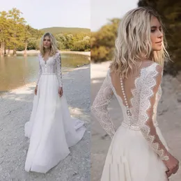 Bohemian Wedding Dresses V Neck Long Sleeve Lace Appliques Beads Bridal Gowns Beach A-Line Wedding Dress Robe De Mariee