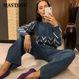 MASTGOU Luxury Knit Women 2 Piece Sweater Sets Winter Thick Warm Long Wide Leg Straight Pant Suits Two Womens Tracksuits 210930