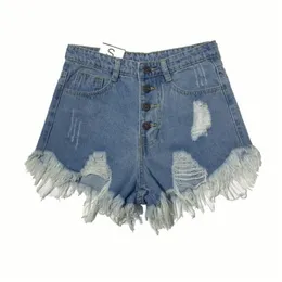 Korea Fashion Summer Women High Waist Button Sexy Hole Rippe Jean Shorts Cotton Demin Loose Plus Size D212 210719