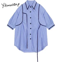 Yitimuceng Gestreifte Bluse Frauen Shirts Lose Sommer Umlegekragen Drei Viertel Dreidimensionale Dekoration Tops 210601