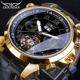 Jaragar Golden Tourbillon Mekaniska Klockor Mäns Automatisk Kalender Svart Äkta Läder Bälte Klänning Armbandsur Relogio Clock Q0902