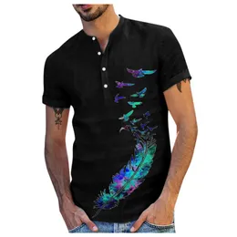 Homens Casuais Camisas Homens de Algodão Marca De Manga Curta Camisa Botão Colar Pena Impressão Vintage Harajuku Blouse Camisa