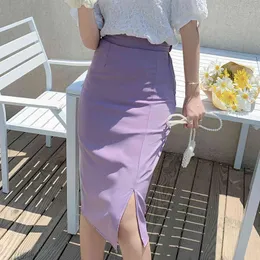 夏のエレガントな女性の鉛筆のスカートファッションオフィスの女性カジュアルスプリット膝丈作業ボディコンスカート210515