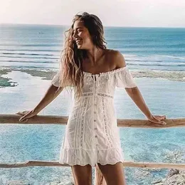 Off Shoulder White Embriodery Dress Summer Women Crochet Lace Up Beach Button Flare Sleeve Cotton Vestidos 210427
