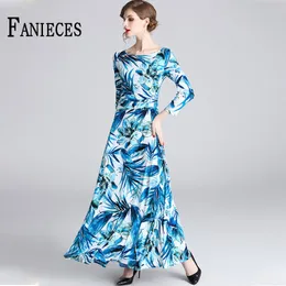 Spring Autumn Dresses Women Blue Printed Maxi Long A-line Dress office lady Elegant Casual Female vintage vestido de mulher 210520