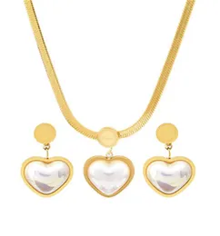 Earrings & Necklace 316L Stainless Steel Pearl Love Flat Snake Bone Chain 3D Peach Heart Pendant Jewelry Set