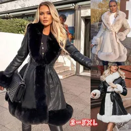 Women Fur Winter PU Leanther Fux Long Jacket V-neck Tie Belt Waist Lace-up Cardigan Sleeve Casual Warm Splicing Female Coat