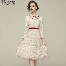 Frühling Sommer Mode Elegante Temperament Frauen Vintage Netto Garn Spleißen Druck Kuchen Casual Kleid 210531