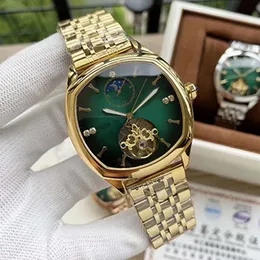 42mm wysokiej jakości mechanizm automatyczny męski zegarek ze szkłem z powrotem pełna funkcja zielona/szara tarcza 18-karatowy złoty pasek