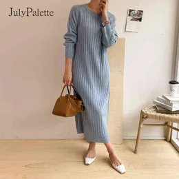 JulyPalette Solid O-neck Knitted Dress Women's Long Knit Straight Dress Autumn Winter Casual Elastic Loose Femme Maxi Vestidos Y1204
