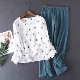 Japoński styl wiosna i jesień damska bawełniana krepa tkanina spodnie z długim rękawem spodnie piżamy kaktus wygodna obsługa domowa 211109