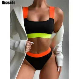 Riseado gerippte Bikini-Badeanzüge mit hoher Taille, Bandeau-Badeanzüge, solide Patchwork-Sexy-Biquini-Beachwear 210722